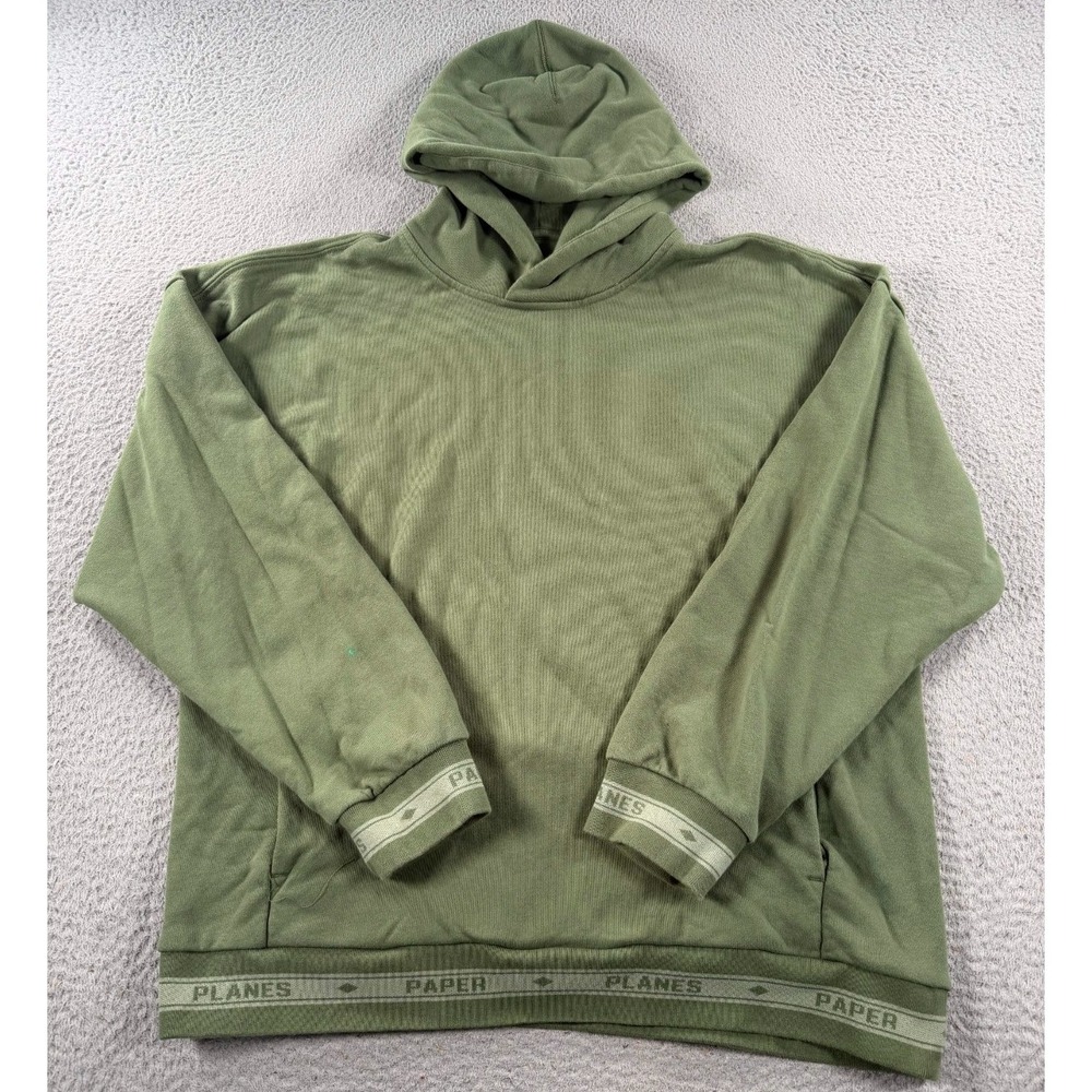 Paper Planes Hoodie Men's 2XL‎ Olive Green Ribbed Cuffs Hem Pullover Sweatshirt